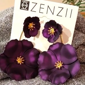 Purple Metallic/18K Gold 3D Hand-Painted Floral Earrings (2-in-1)
